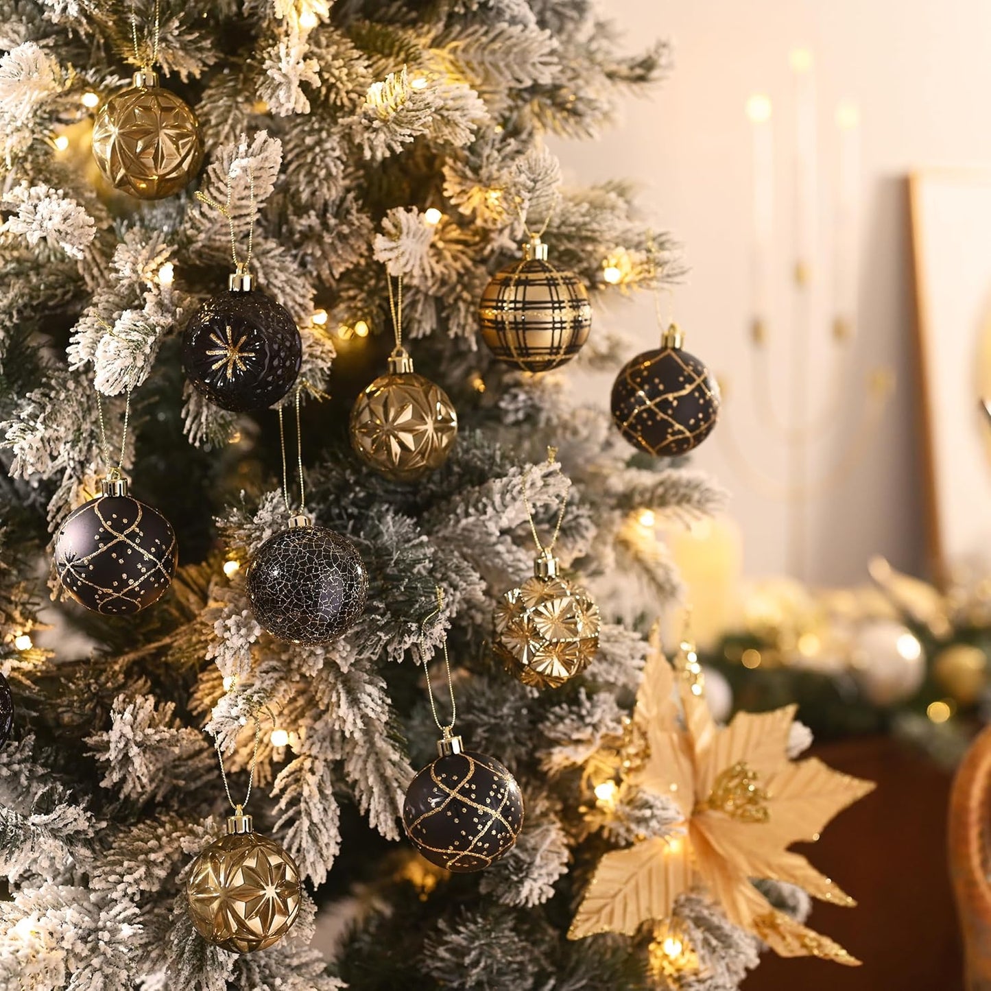 Valery Madelyn Ornaments for Christmas Trees, 9ct 2.36 Inches Black and Gold Shatterproof Christmas Tree Decorations, Luxury Hanging Ball Ornaments for Xmas Holiday Party Decor