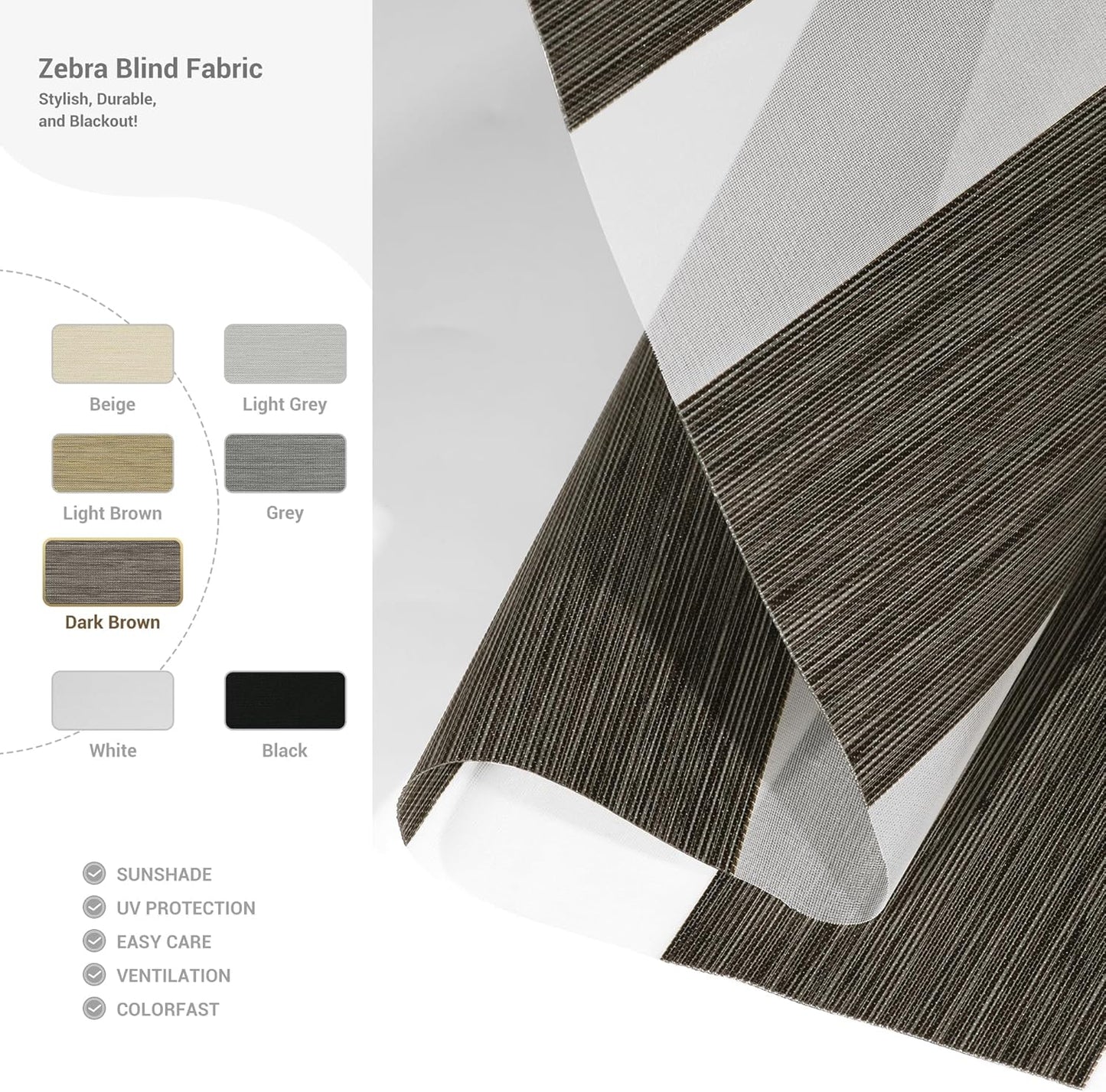 Cordless Zebra Blinds for Windows, Blackout Interior Blinds,Easy to Install,UV Protection,for Offices and Home,Custom Roller Shades, Mousse Dark Bown,70" W x 64" H