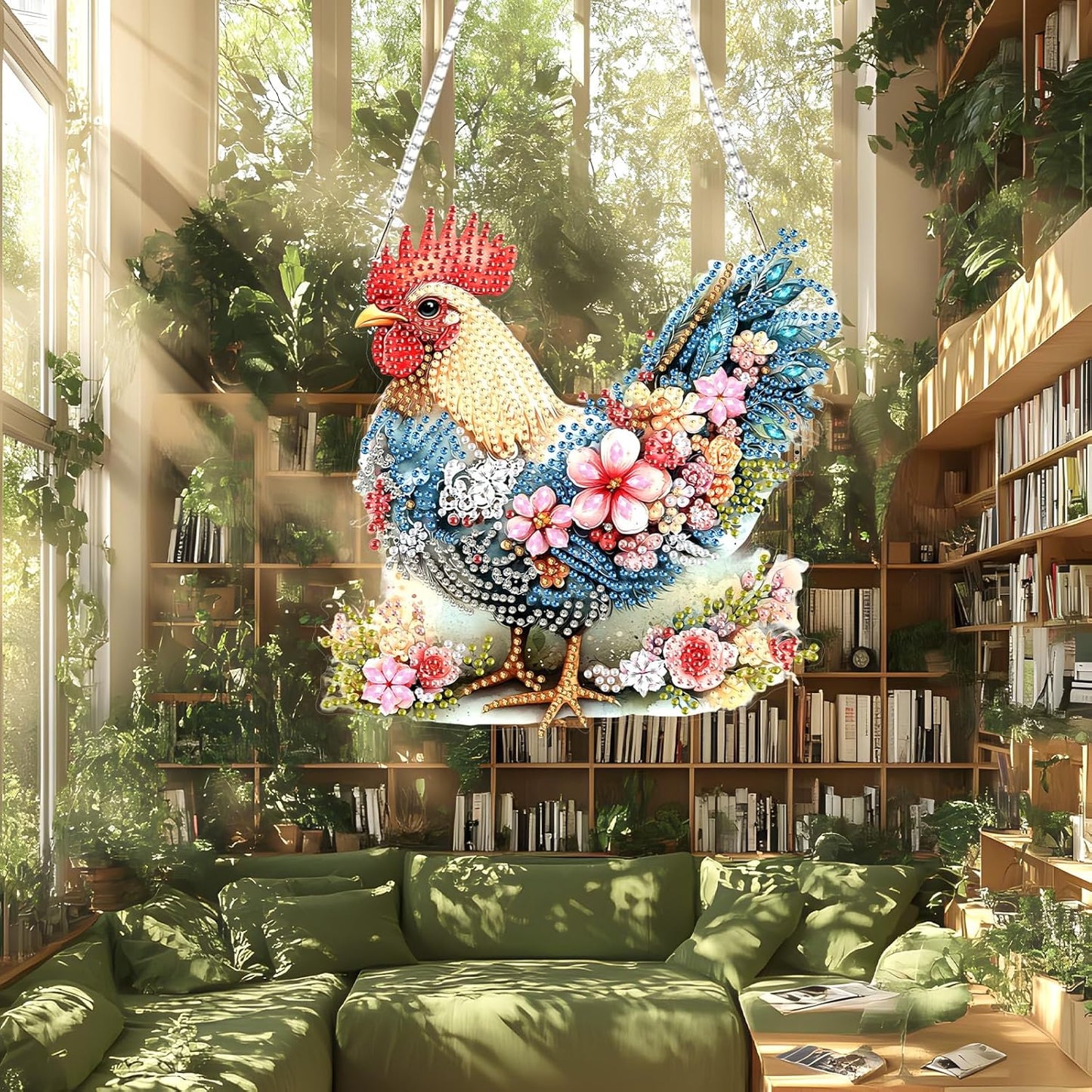 Lxmsja DIY Chicken Flowers Diamond Painting Hanging Ornament, Double-Sided Acrylic Sceney Diamond Art Kit, Special Shaped Drill Pendant Window Art Kit, Suncatcher Hanging Craft Decoration 8x7 inch