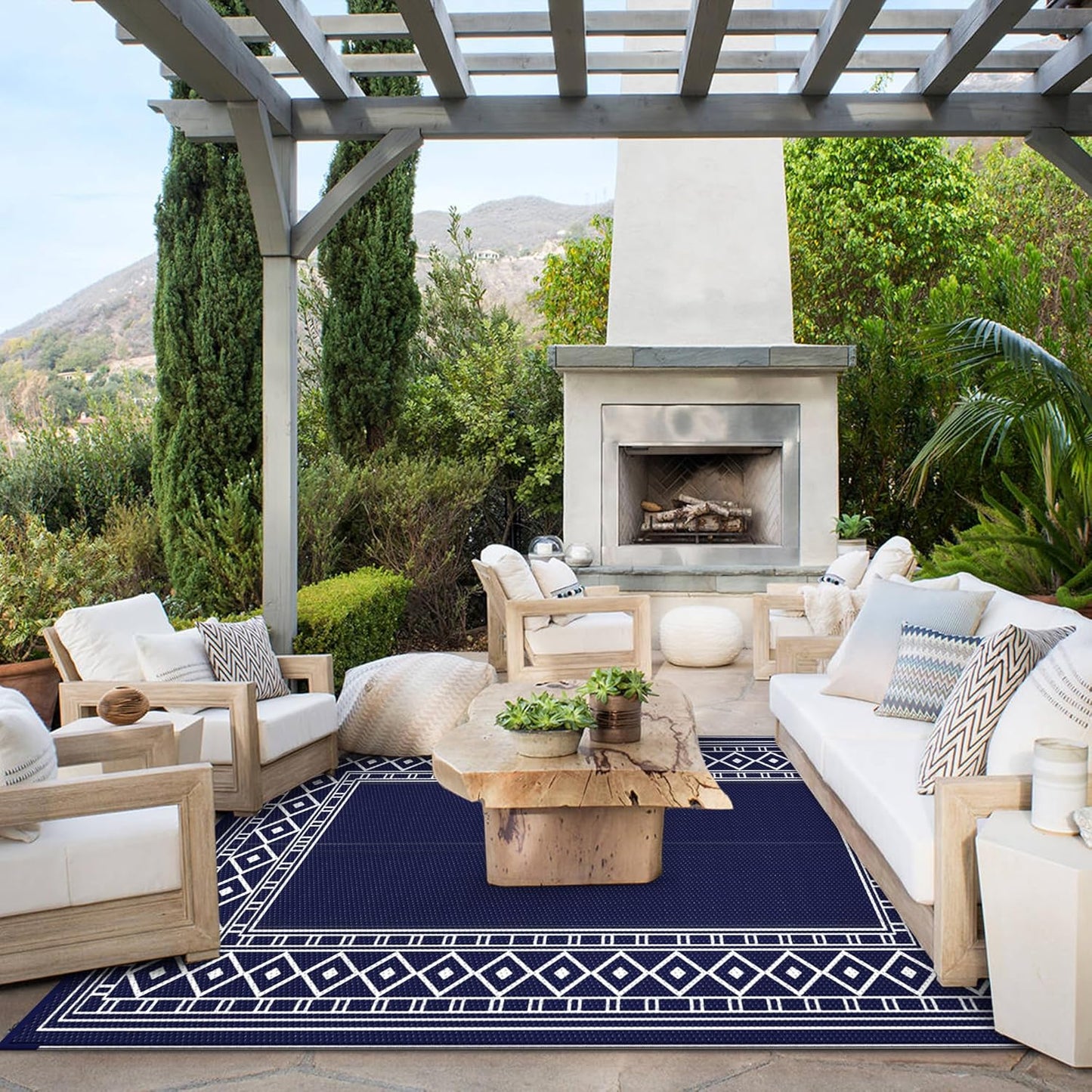 GENIMO Outdoor Rug Waterproof for Patio Decor, 5'x8' Reversible Plastic Straw Rug Carpet, Camping Mats for Outdoor, RV, Backyard, Deck, Balcony, Picnic, Blue & White