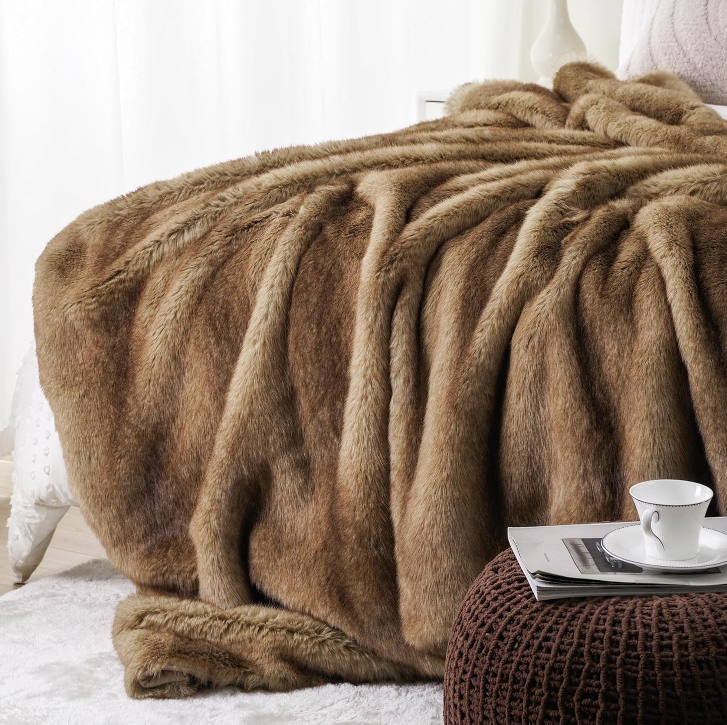 BATTILO HOME Luxury Camel Faux Fur Throw Blanket, Soft Cozy Warm Mink Fur Blanket for Bed, Home Decor, Large Striped Fur Blankets and Throws Faux, 60"x80"