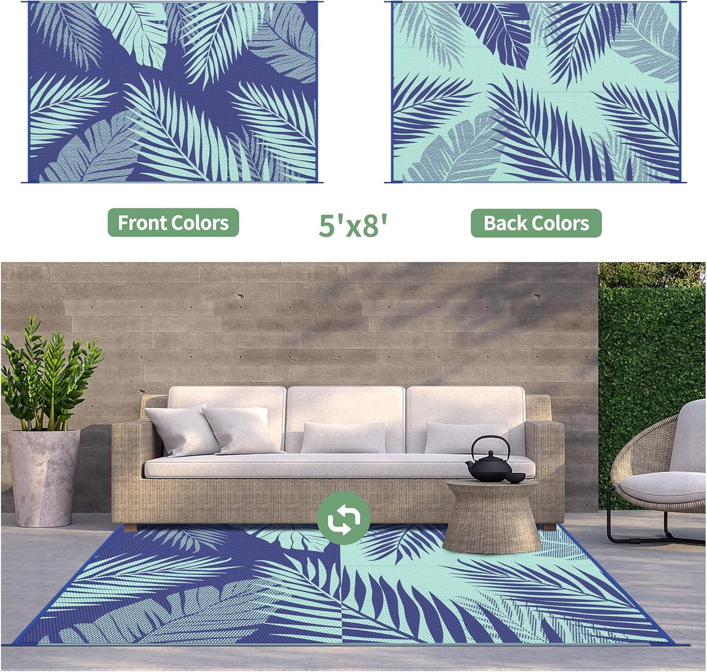GENIMO Outdoor Rug 5' x 8' Waterproof for Patios Clearance, Reversible Outdoor Plastic Straw Camping Rug Carpet, Large Area Rugs Mats for RV, Camper, Deck, Balcony, Porch, Beach, Royal Blue&Blue Green