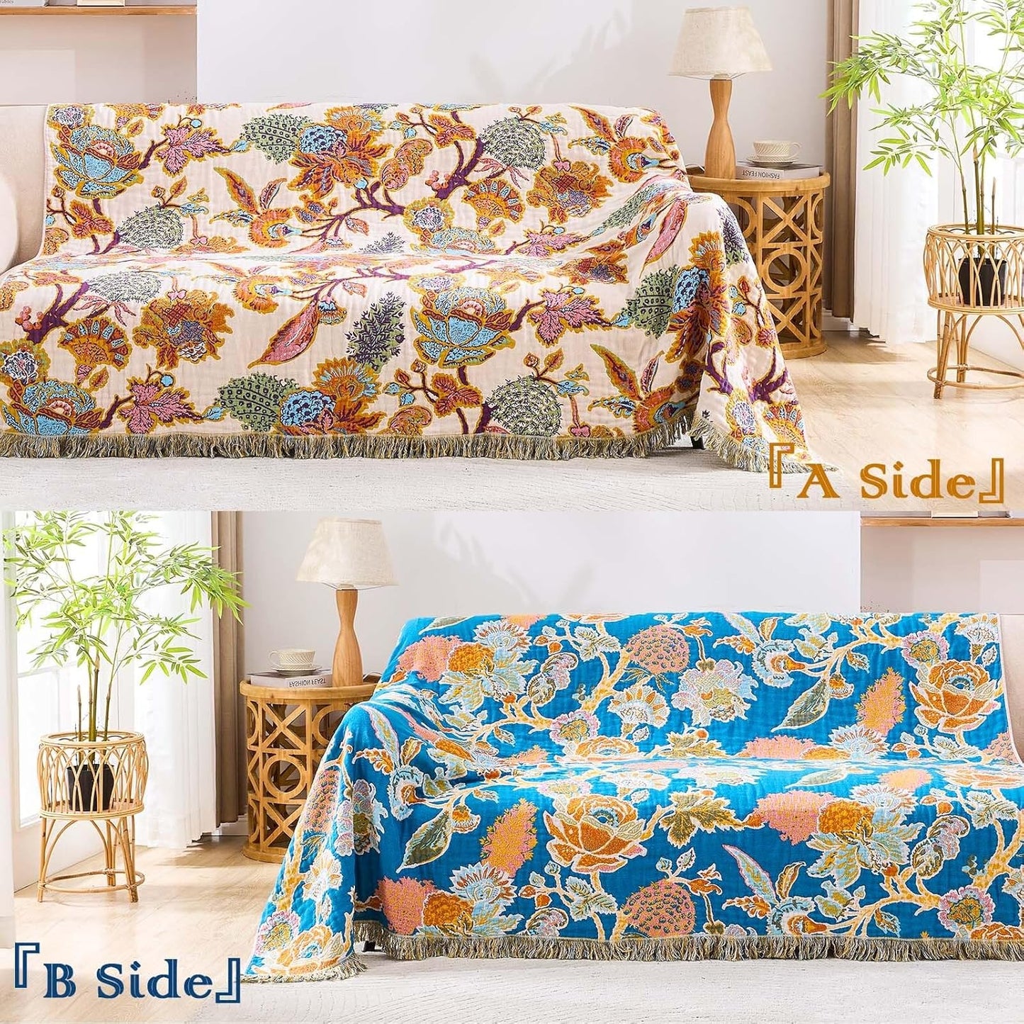 Boho Throw Blanket for Bed, 100% Cotton Soft Rustic Quilt Fall Blanket, 80"x90" Floral Printed Farmhouse Decor Bed Blankets, All Season Rustic Reversible Bohemian Throw Quilt