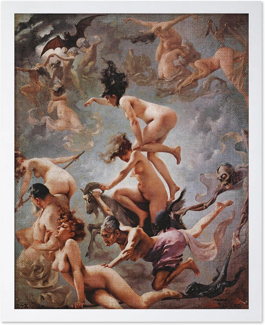 Poster Master Vintage Luis Ricardo Falero Poster - Retro Occult Print - Gift for Gothic, Horror Fan - Witches Going to their Sabbath, Pagan - Wall Decor for Bedroom, Dorm, 16x20 White Framed