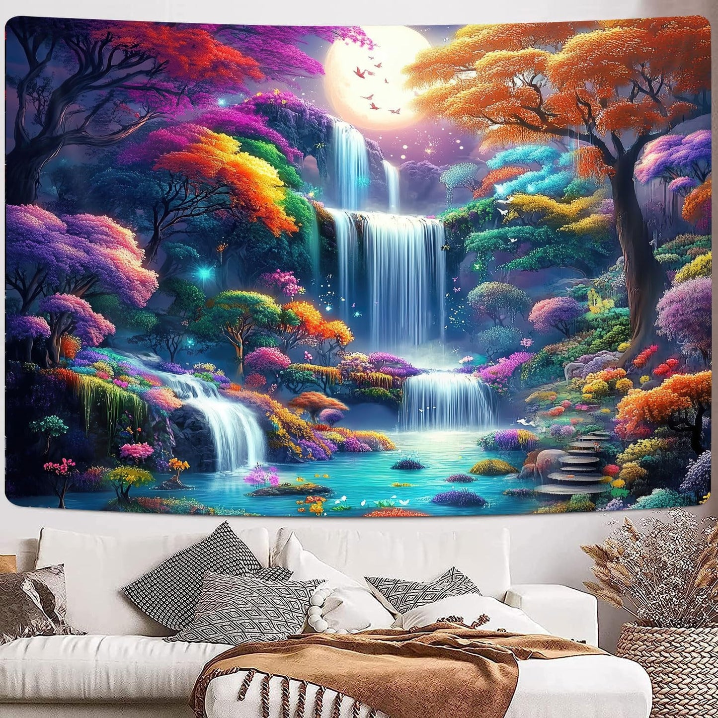 GOAOK Fantasy Enchanted Forest Tapestry, Fairytale Wonderland Colorful Tree Waterfall Art Moon Magical Aesthetic Landscape Tapestry Wall Hanging for Bedroom College Dorm Room?60"X40"Inch