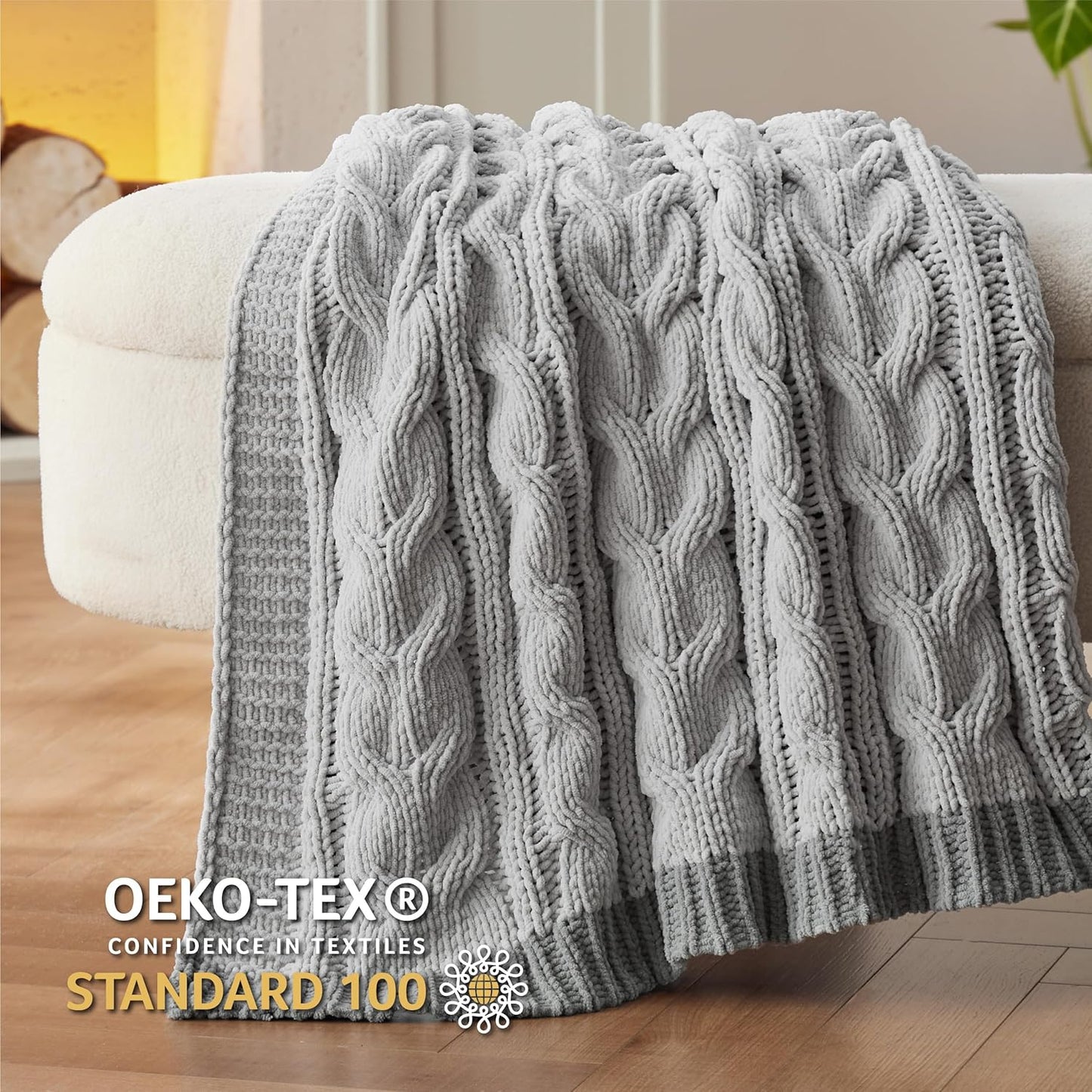 Bedsure Cable Knit Throw Blanket for Couch Bed - Breathable Chenille Chunky Knit Throw Blanket for Decorative Gift, GentleSoft Cozy and Warm for Winter and All Seasons, Grey, 50x60 Inches