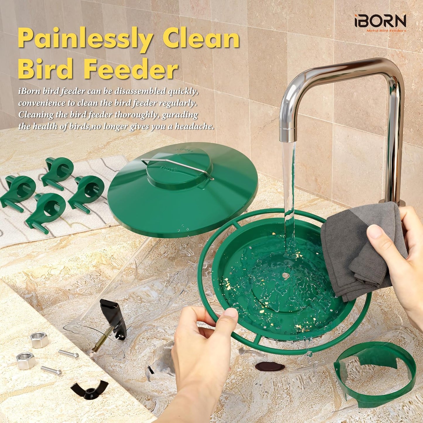 iBorn Bird Feeders for Outdoors, 2LB Metal Bird Feeders 17cm Large Roof &Tray, 4 Feeding Ports, Green Finish