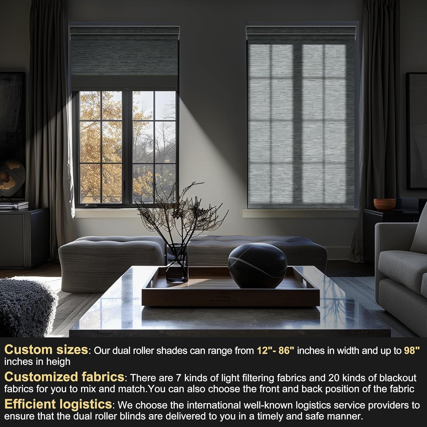 BERISSA Cordless Dual Roller Shades with Cassette Valance,Double Window Shades Blackout and Light Filtering Shades,Day and Night Roller Shades for Home Office Door.Striped Jacquard Grey.45 W x 56" H