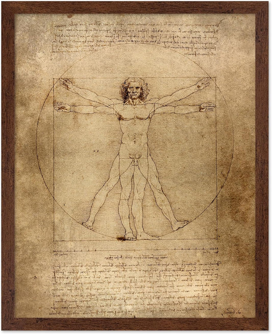 Poster Master Classic Leonardo Da Vinci Poster - Vintage Renaissance Print - Gift for Artist, Friend - Vitruvian Man, Proportion, Symmetry, Human Body - Wall Decor for Office, 16x20 Brown Framed