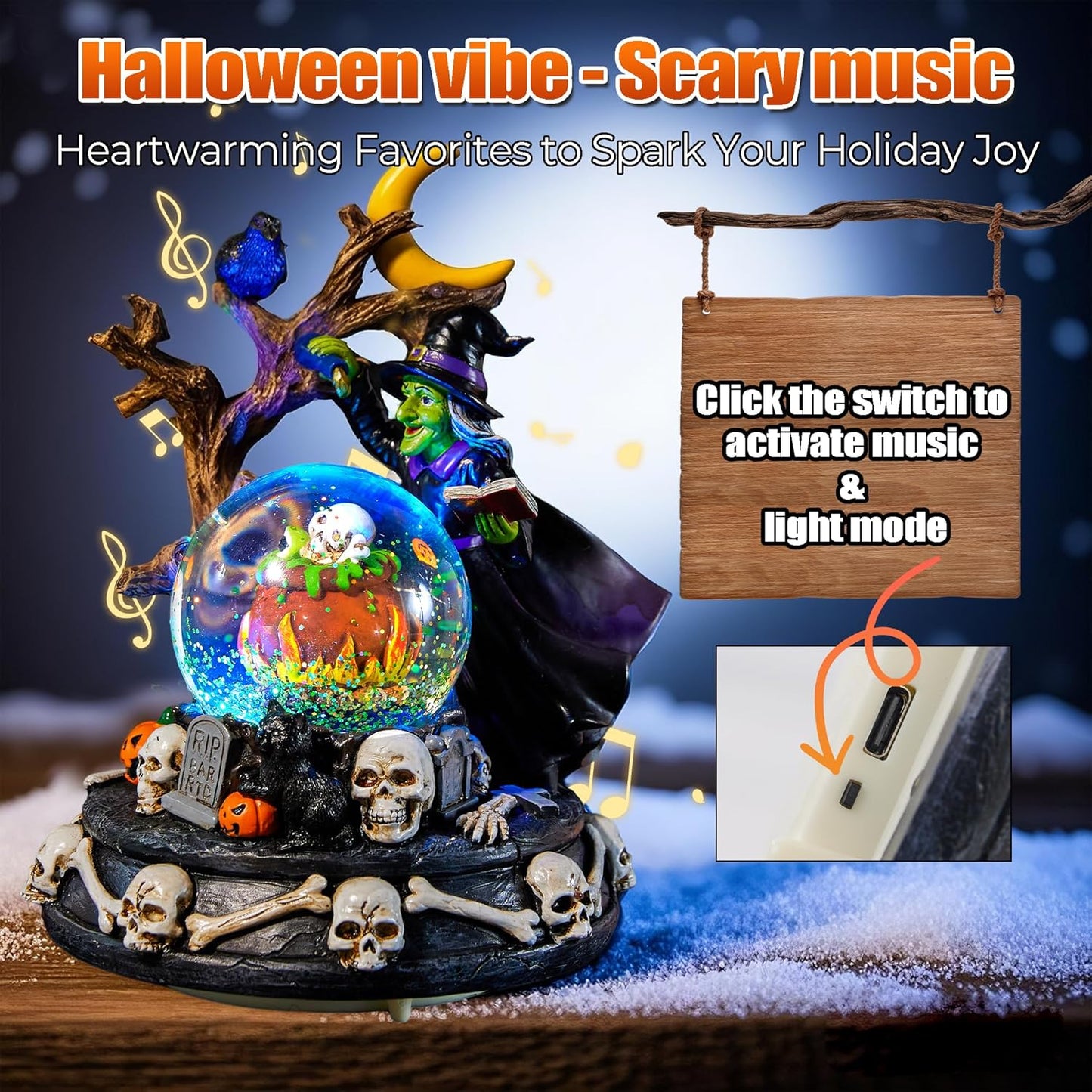 Halloween Snow Globe Lantern with Music - Lighted Witches, Ravens, Pumpkins & Black Cat Glitter Lantern, Witch Black Cat Halloween Decorations Indoor for Spooky Party Home Décor