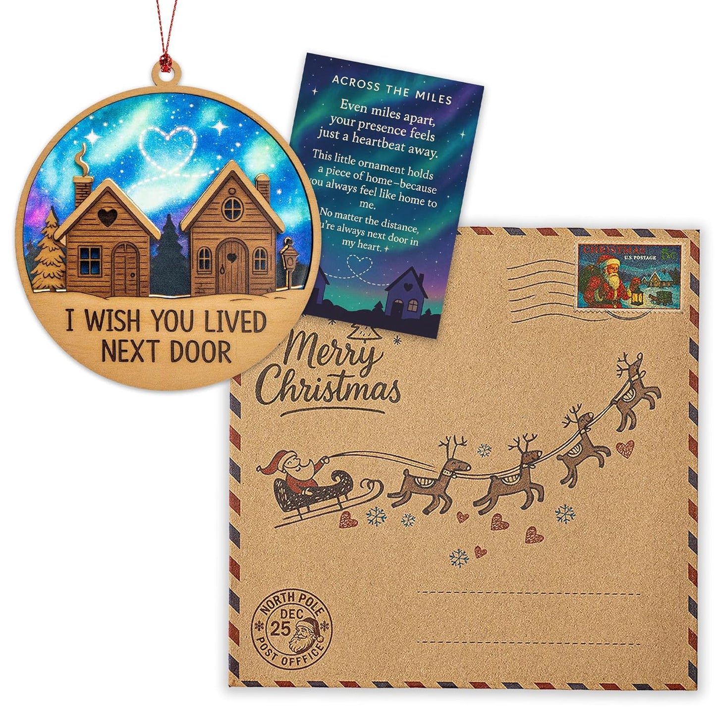 Neighbor Ornament – I Wish You Lived Next Door | Long Distance Friendship Gift – Across The Miles – Rustic Cabin Card – Christmas Holiday Décor – Suncatcher Effect Stained Glass Window – Car Hanging