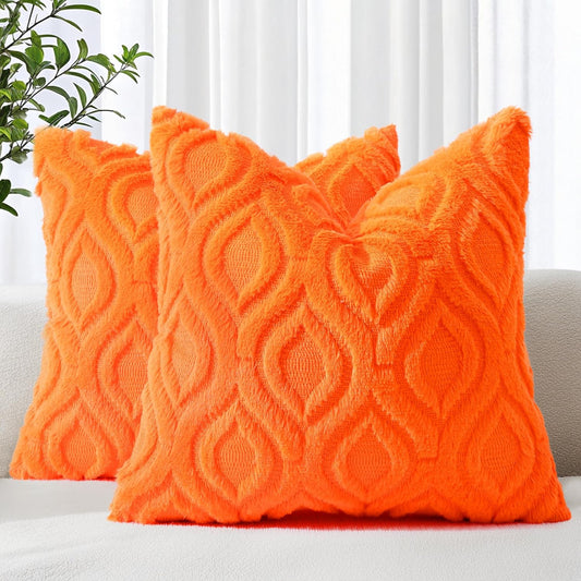 decorUhome Fall Throw Pillow Covers 24x24 Inch Set of 2, Soft Plush Decorative Faux Fur Orange Solid Couch Pillow Covers, Accent Farmhouse Neutral Square Euro Pillow Cases for Sofa Bed Living Room