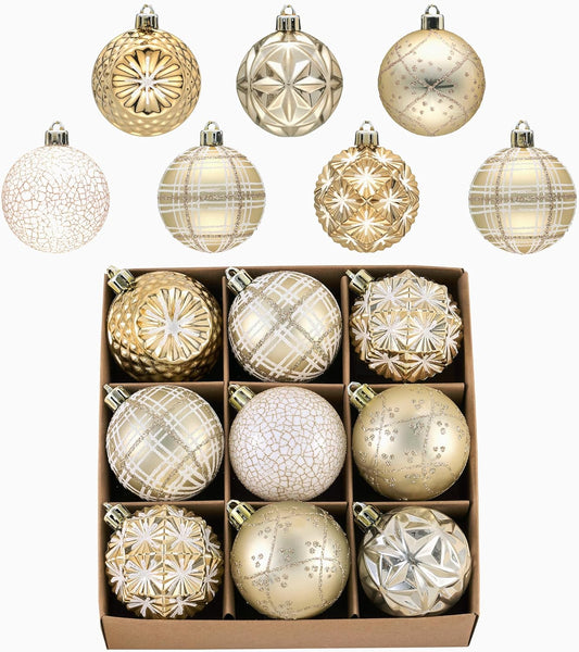Valery Madelyn Ornaments for Christmas Trees, 9ct 2.36 Inches White and Gold Shatterproof Christmas Tree Decorations, Luxury Hanging Ball Ornaments for Xmas Holiday Party Decor