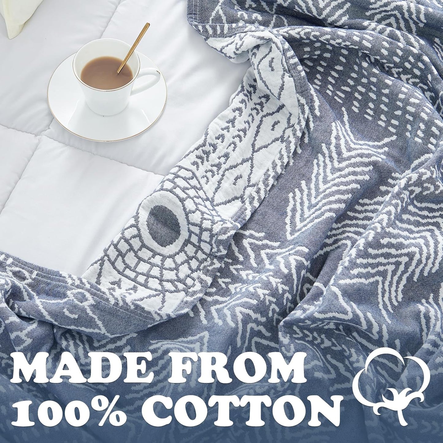 jinchan Boho 100% Cotton Muslin Blanket 3-Layer Queen Size 80x90 Inches Geometric Blue Lightweight Reversible Soft Cozy Comfy Throw for Couch Sofa Bed Coverlet Quilt Large Blanket Bedroom All Seasons