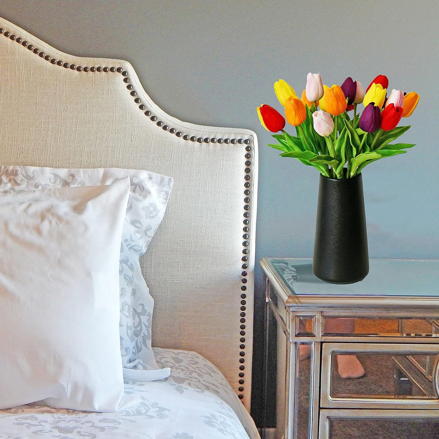 Mandy's Artificial Tulips 28 Stems Multicolor PU Faux Flowers for Wedding Home Decor 13.5 Inch