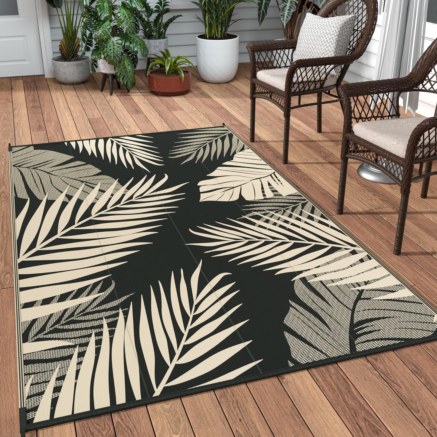 GENIMO Outdoor Rug 3' x 5' Waterproof for Patios Clearance, Reversible Outdoor Plastic Straw Camping Rug Carpet, Large Area Rugs Mats for RV, Camper, Deck, Balcony, Porch, Beach, Picnic, Black&Beige