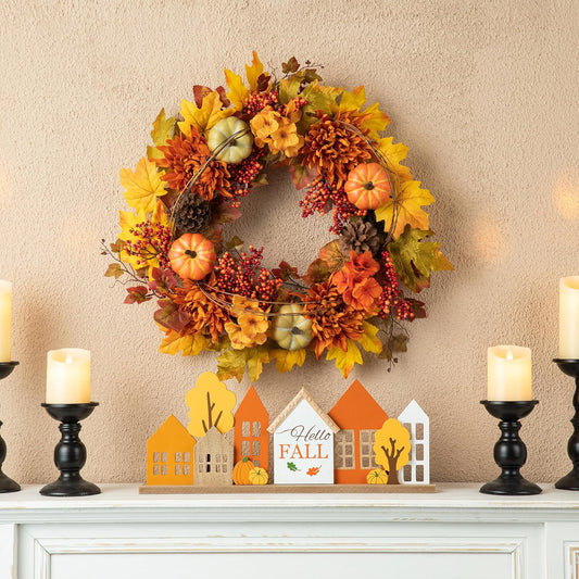 Glitzhome 24 inch Artificial Fall Wreath Decor, Autumn Maple Leaf Wreath for Front Door with Dahlia Pumpkin, Leaf and Berry Wreaths for Autumn Harvest Thanksgiving Halloween Decor