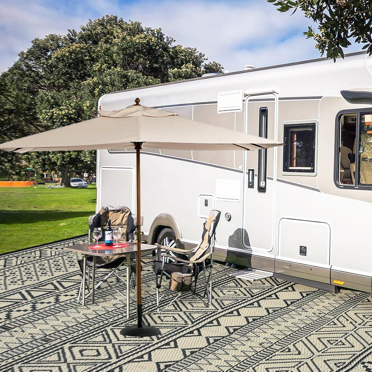 GAOMON Outdoor Rug Waterproof 8'x10', Reversible Outdoor Plastic Straw Rug, Boho Patio Rug, Indoor Outdoor Carpet, RV Mat Outside for Patio, Camp, Picnic, Balcony, Deck, Black/Coffee(Bohemia)