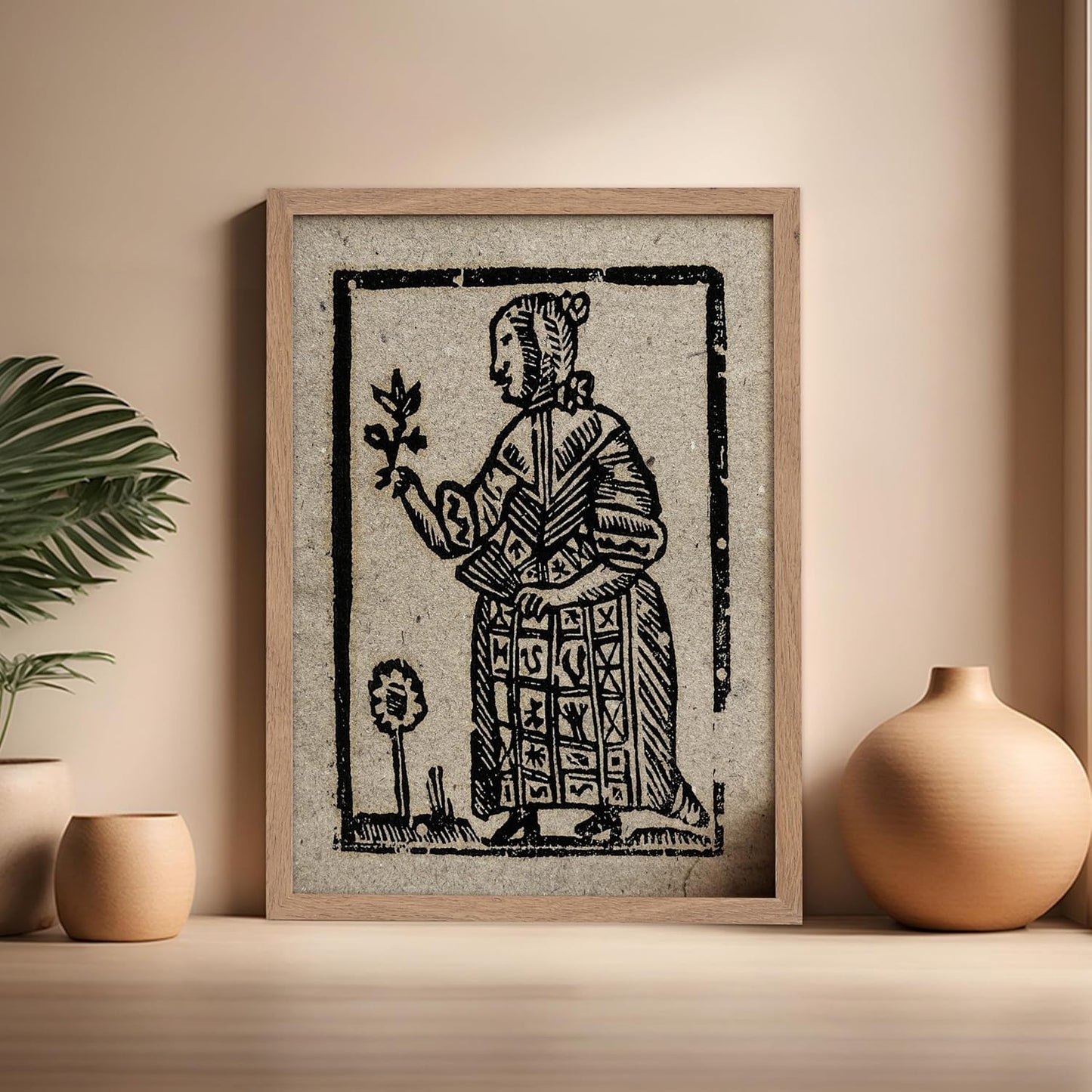 Poster Master Vintage Woodcut Poster - Retro Medieval Print - Gift for Gothic, Horror Fan - Witch Holding a Plant, Magic, Spell, Herbalist - Wall Decor for Bedroom, Dorm, 16x20 Beige Framed