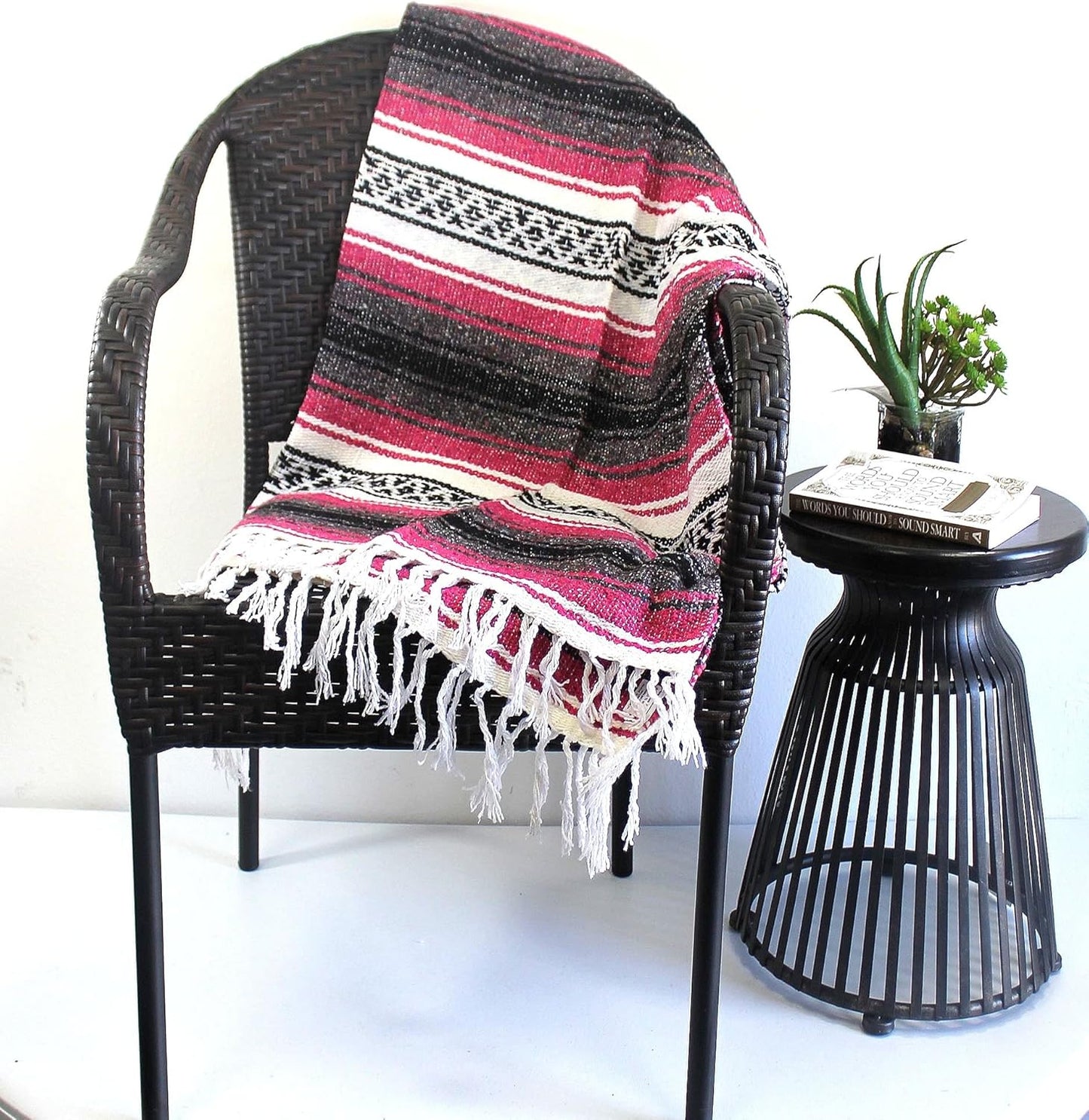 Del Mex Classic Mexican Blanket, Large Authentic Woven Falsa Throw (70"x50"), Artisan Southwest Décor for Beach, Yoga, Outdoors (Hot Pink/Fuchsia)