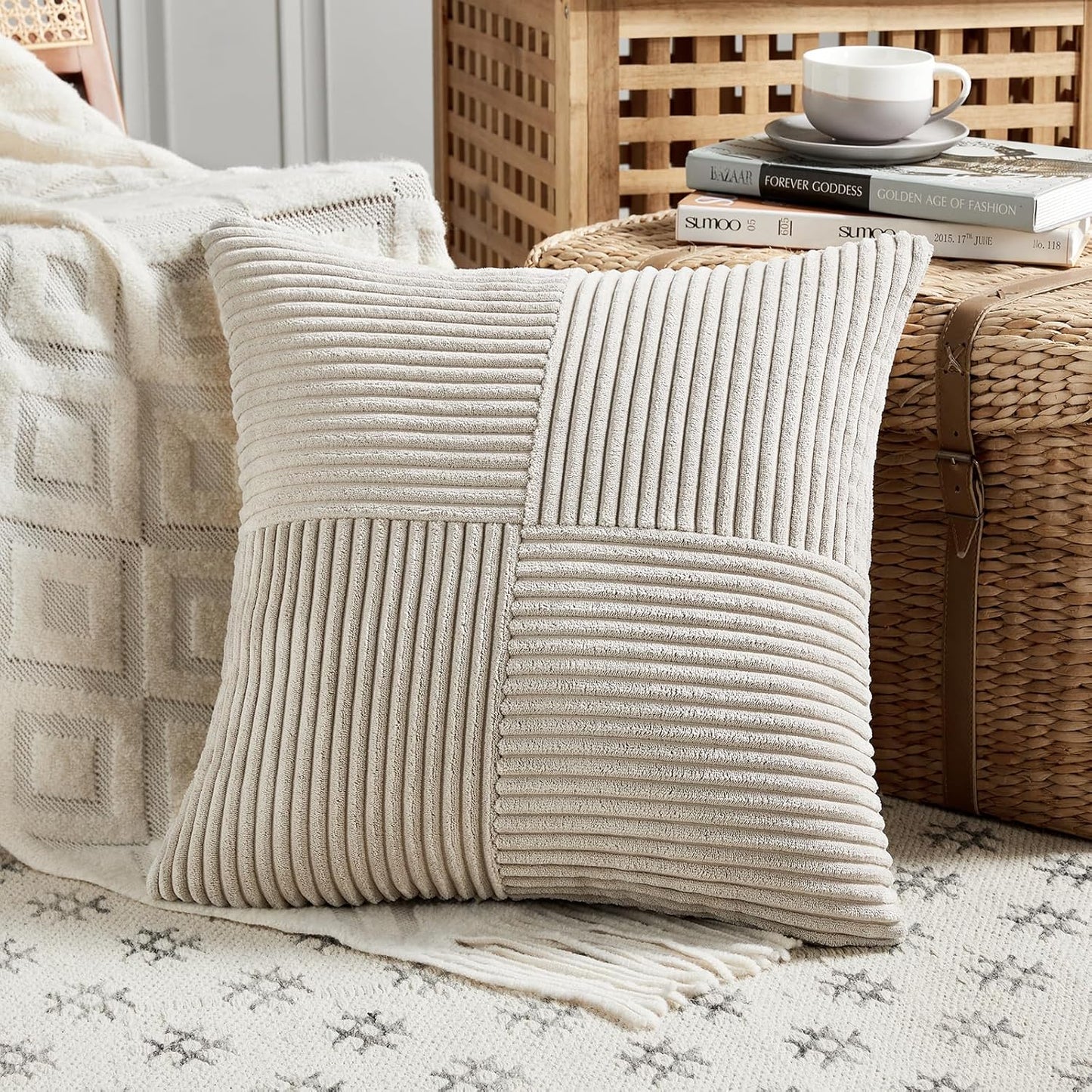 Fancy Homi 2 Packs Neutral Taupe Big Decorative Throw Pillow Covers 24x24 Inch for Couch Bed Sofa, Rustic Farmhouse Boho Home Decor, Soft Corss Corduroy Patchwork Accent Square Cushion Case 60x60 cm