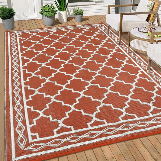 GAOMON Outdoor Rug Waterproof 8'x10', Reversible Outdoor Plastic Straw Rug, Boho Patio Rug, Indoor Outdoor Carpet, RV Mat Outside for Patio, Camp, Picnic, Balcony, Deck, Orange/White(Geometric)