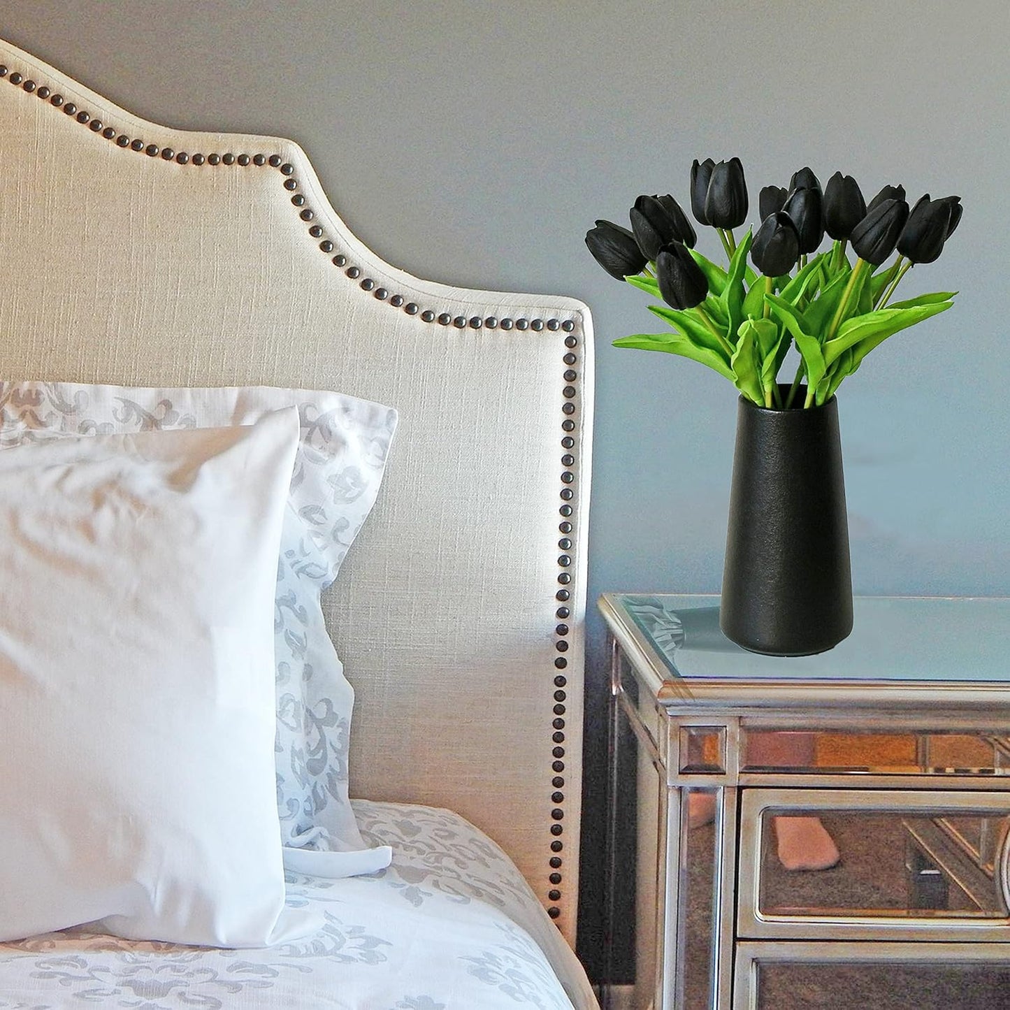 Mandy's Artificial Tulips 20 Stems Black PU Faux Flowers for Wedding Home Decor 13.5 Inch