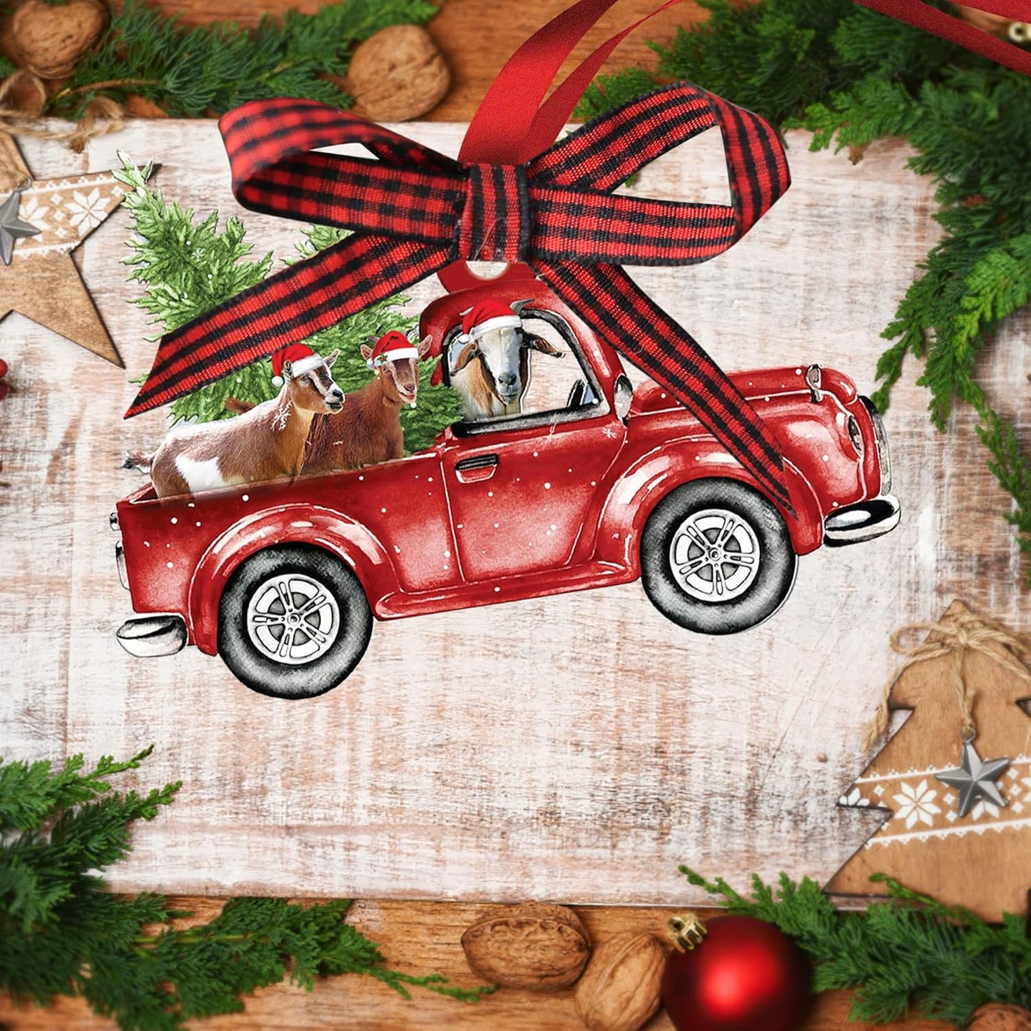 Talataca Goat Red Christmas Truck Pine Tree Farm Animal Lover 2D Flat Christmas Tree Wood Ornament Decor Wooden Hanging Decoration House Present Xmas Eve Keepsake Decorative