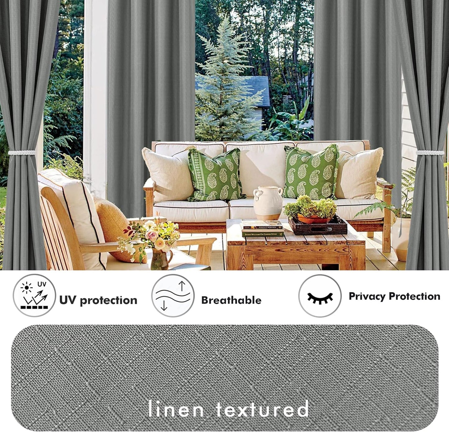 HolidayIdeas 4 Panels Linen Outdoor Curtains for Patio Waterproof Curtains 95 Inch Length-Indoor/Outdoor Curtains Weatherproof, Privacy for Pergola, Porch, Gazebo-110 Wide x 95" Long Light Grey