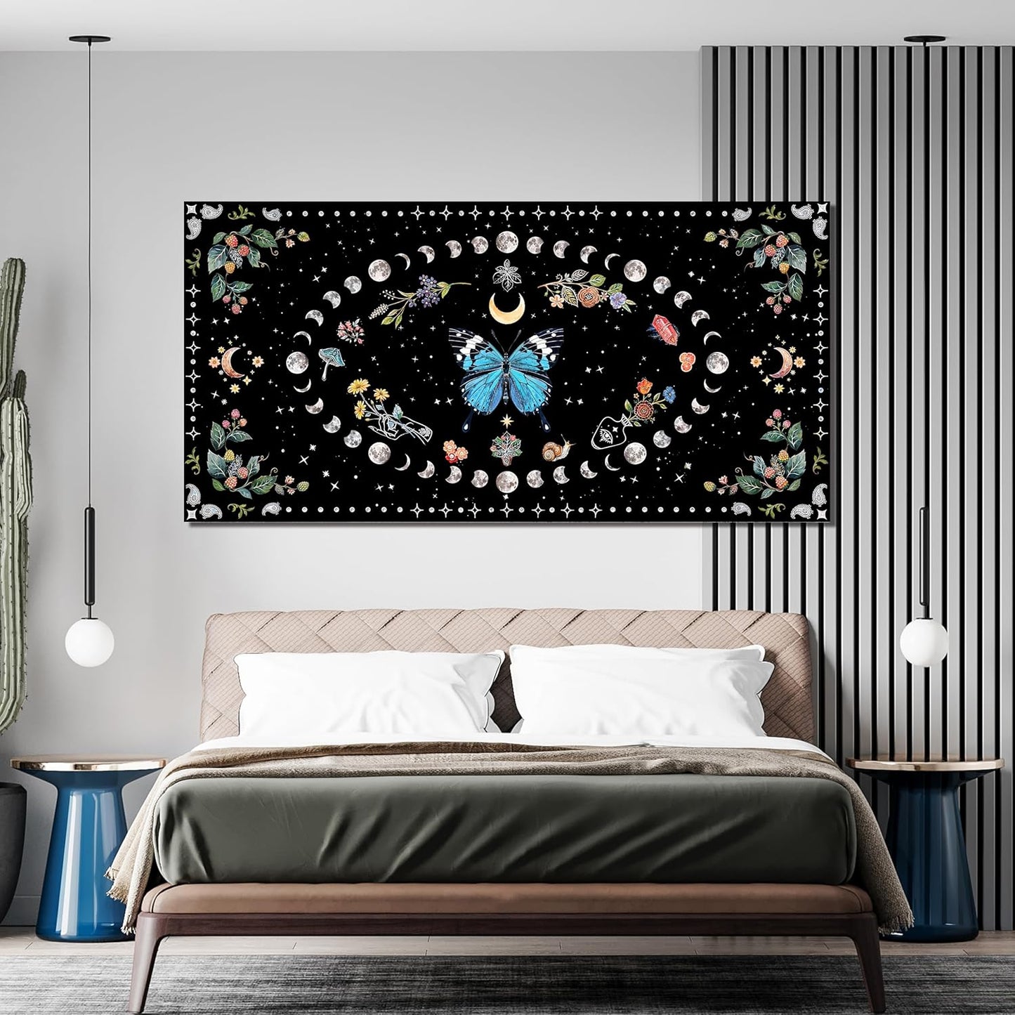 Canvas Wall Art Prints Blue Boho Wall art Decor Abstract Canvas Art Wall Decor Wall Pictures for Living Room Vintage Butterfly Wall Art Moon Flower Large Artwork for Walls Home Room Decor 24"X48"