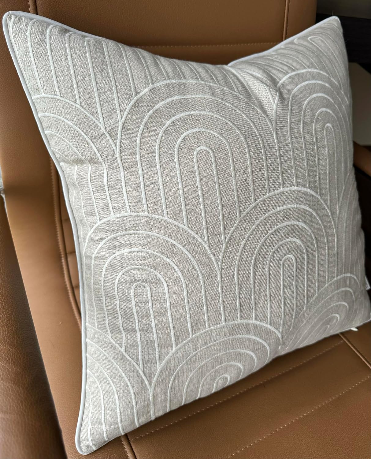 VAGMINE Embroidered Geometric Throw Pillow Cover - 18x18 Inches Square - 100% Linen Natural Decorative Cushion Cover - Elegant Embroidery - Minimalist Accent for Sofa, Bed, Couch, Farmhouse Décor