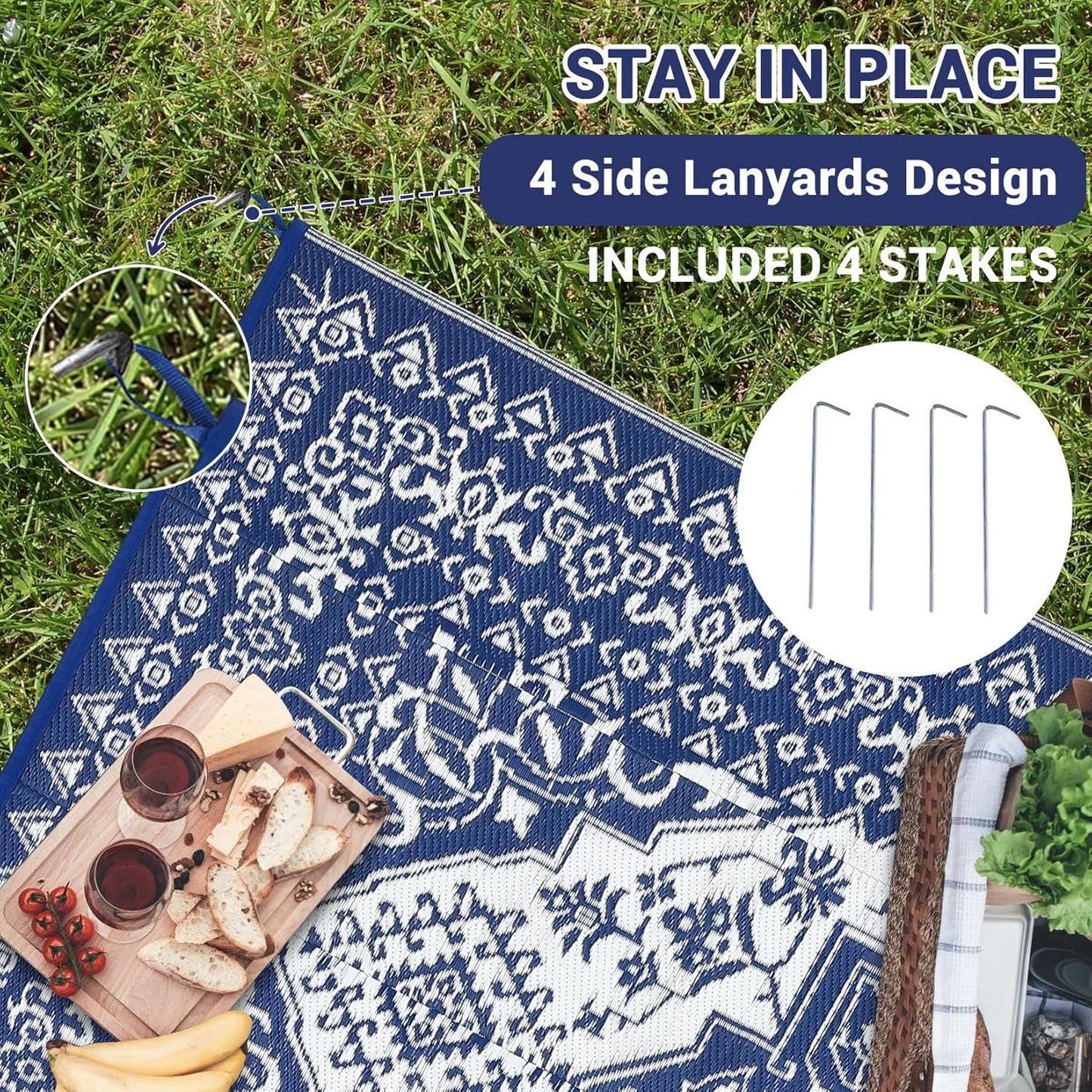 GAOMON Patio Rugs Outdoor 8x10 Waterproof Reversible Plastic Straw Rug, Large UV-Resistant Portable RV Camping Mats, Indoor Outdoor Medallion Carpet for Deck Porch Garden, Dark Blue & White