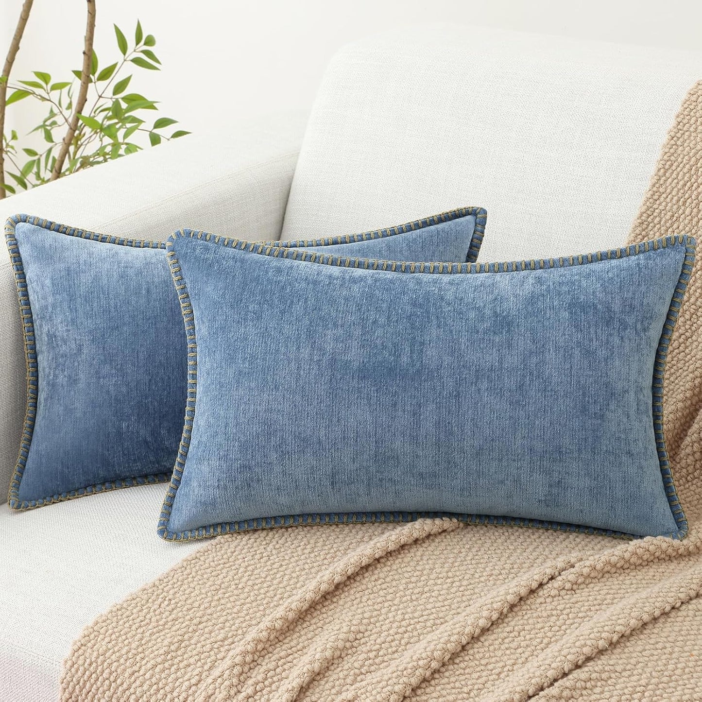 decorUhome Chenille Soft Throw Pillow Covers 12x20 Set of 2, Lumbar Velvet Farmhouse Neutral Decorative Euro Pillow Covers with Stitched Edge for Couch Sofa Bed Home Decor, Blue