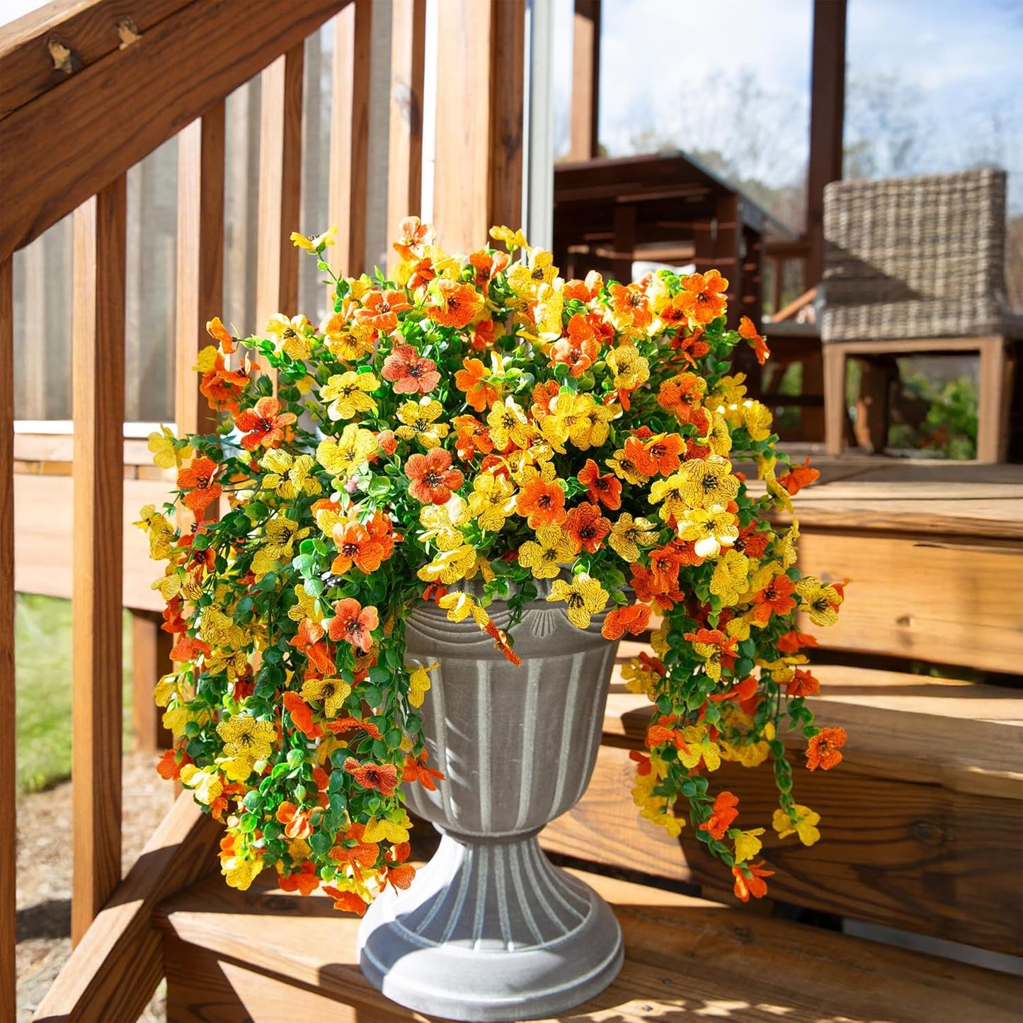 INSPRING Artificial Flowers for Outdoors Fake Mums Hanging Plants Decor, 2Pcs Silk Daisy with Eucalyptus UV Resistant Look Real Trailing Vines for Planter Front Door Patio Yard, OrangeYellow