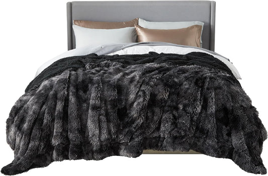 Bedsure GentleSoft Fluffy Tie Dye Black Blankets Queen Size for Bed, Thick Sherpa Faux Fur Fleece Fuzzy Plush Winter Warm Soft Queen Blankets, Black Bedroom Decor Cozy Gifts for Women Men, 90x90