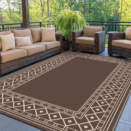 GENIMO Outdoor Rug Waterproof for Patio, 8'x10' Foldable Reversible Plastic Straw Carpet for Travel Trailers, Outside Area Mat for Rv, Deck, Picnic, Porch, Camper, Balcony, Beach, Coffee & Beige