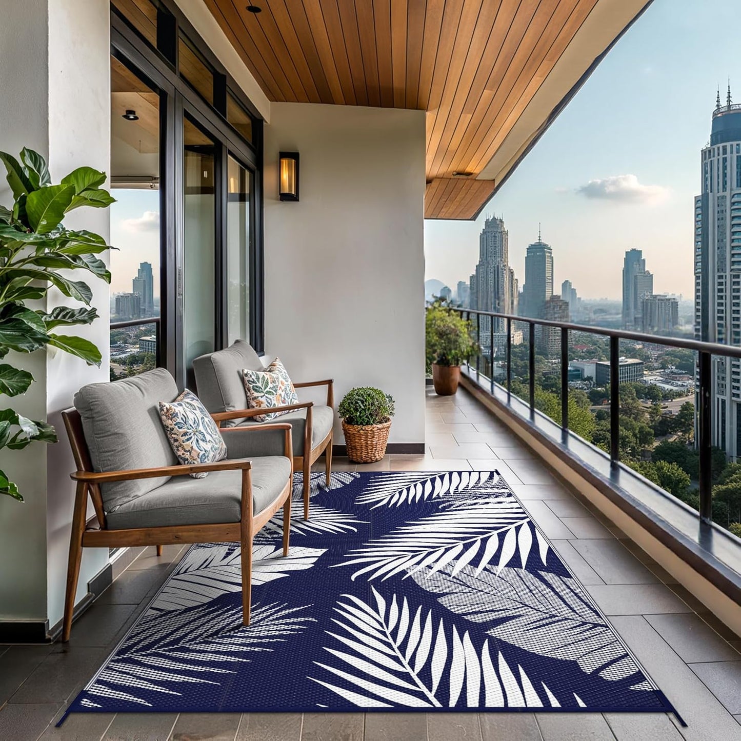 GENIMO Outdoor Rug 5' x 8' Waterproof for Patios Clearance, Reversible Outdoor Plastic Straw Camping Rug Carpet, Large Area Rugs Mats for RV, Picnic, Backyard, Deck, Balcony, Porch, Beach, Blue&White