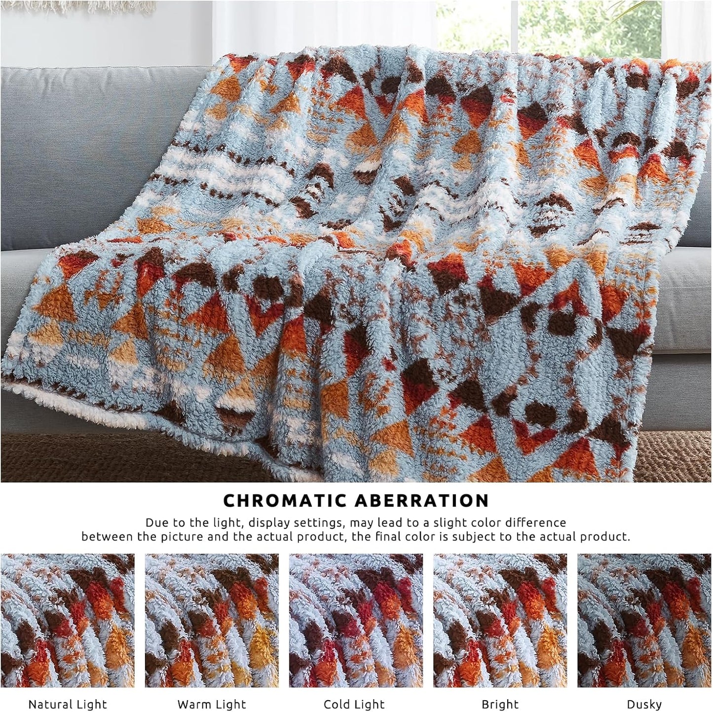 CASAAGUSTO Boho Sherpa Throw Blanket, Aztec Queen Blanket, Ultra Soft, Warm, Cozy, Plush, Thick Fleece Bohemian Throw Blanket for Couch, Bed, Sofa (Blue Grey 90 * 90 Inch)