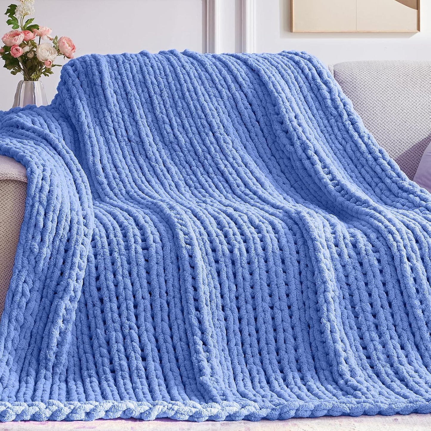 Chunky Knit Throw Blanket, 30''*40'' Knitted Throw Chenille Yarn for Bed Couch, Handmade Light Blue Crochet Big Thick Blanket, Machine Washable Cute Comfy Blanket for Home Decor