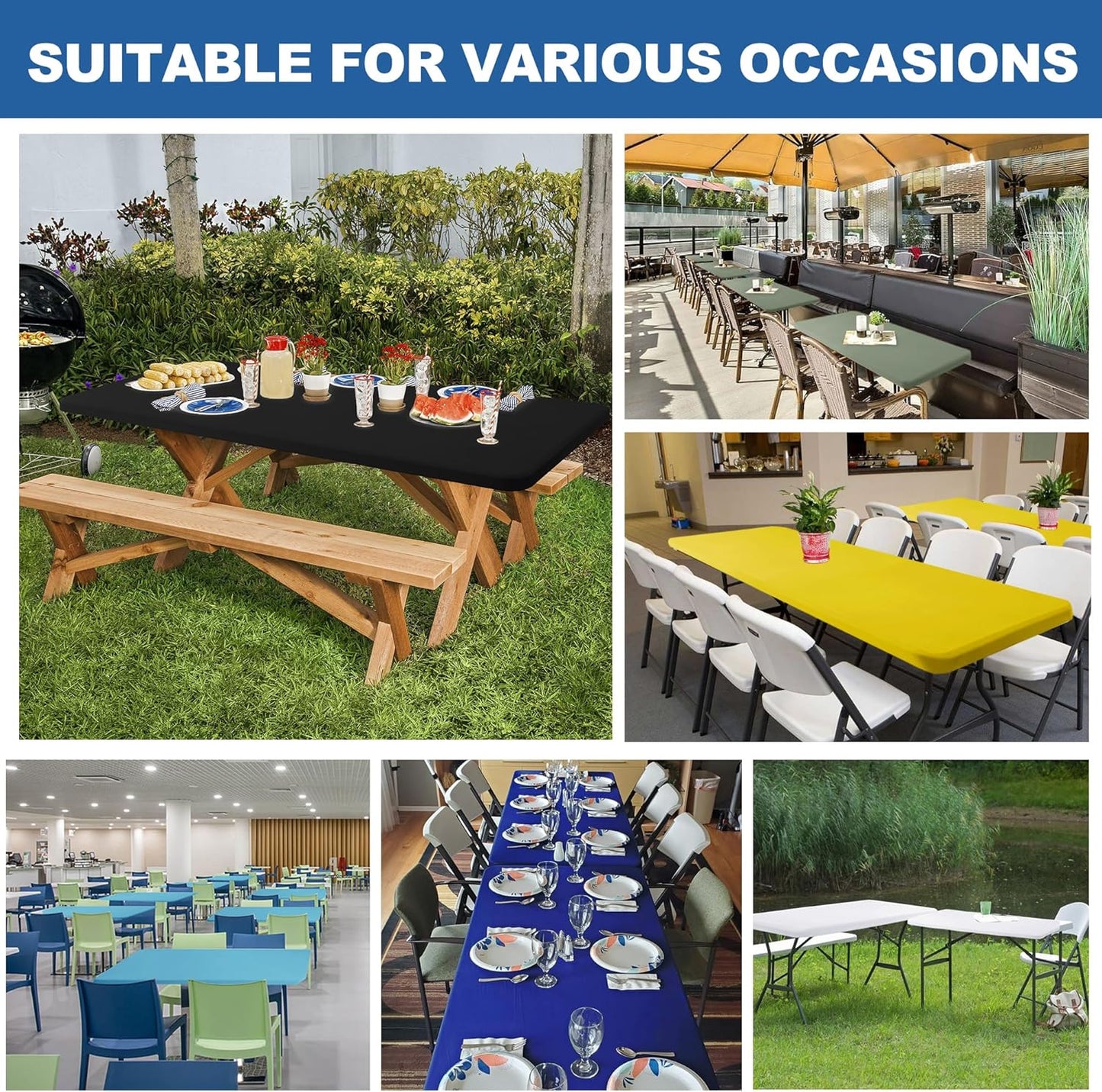 Fitted Tablecloth for 8 Foot Rectangle Tables-6 Pack Yellow Elastic Outdoor Picnic Table Cover-Spandex Stretch Folding Table Cloths 8ft for Camping Dining Room Patio Kitchen Banquet Party