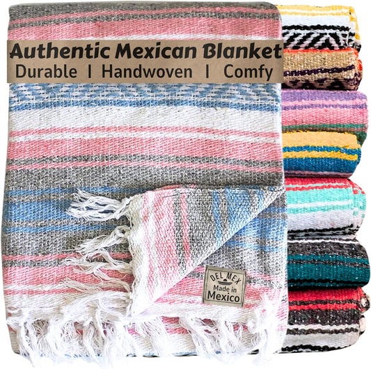 Del Mex Classic Mexican Blanket, Large Authentic Woven Falsa Throw (70"x50"), Artisan Southwest Décor for Beach, Yoga, Outdoors (Light Pink/Blue)