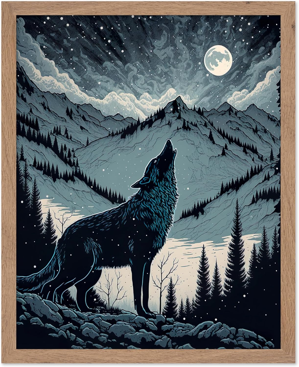 Poster Master Vintage Illustration Poster - Retro Animal Print - Gift for Artist, Friend - Wolf Howling at the Moon, Mountain, Snow, Landscape - Wall Decor for Home, Office, 16x20 Beige Framed