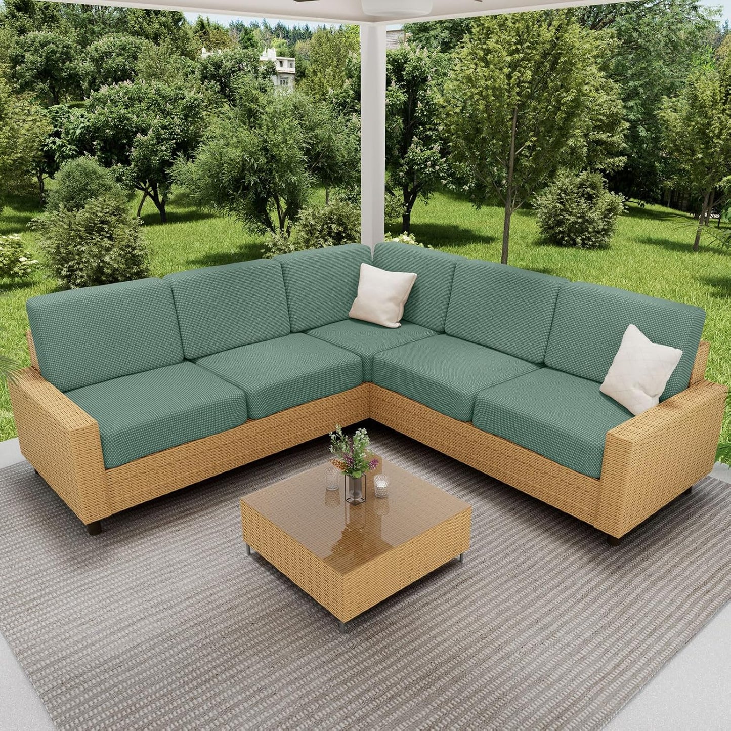 hyha Waterproof Sectional Couch Covers, Non Slip Sofa Couch Cushion Covers L Shape, Thick Stretch Jacquard Fabric, Washable Sofa Slipcovers with Elastic Bottom (1 Piece for Chaise, Green)