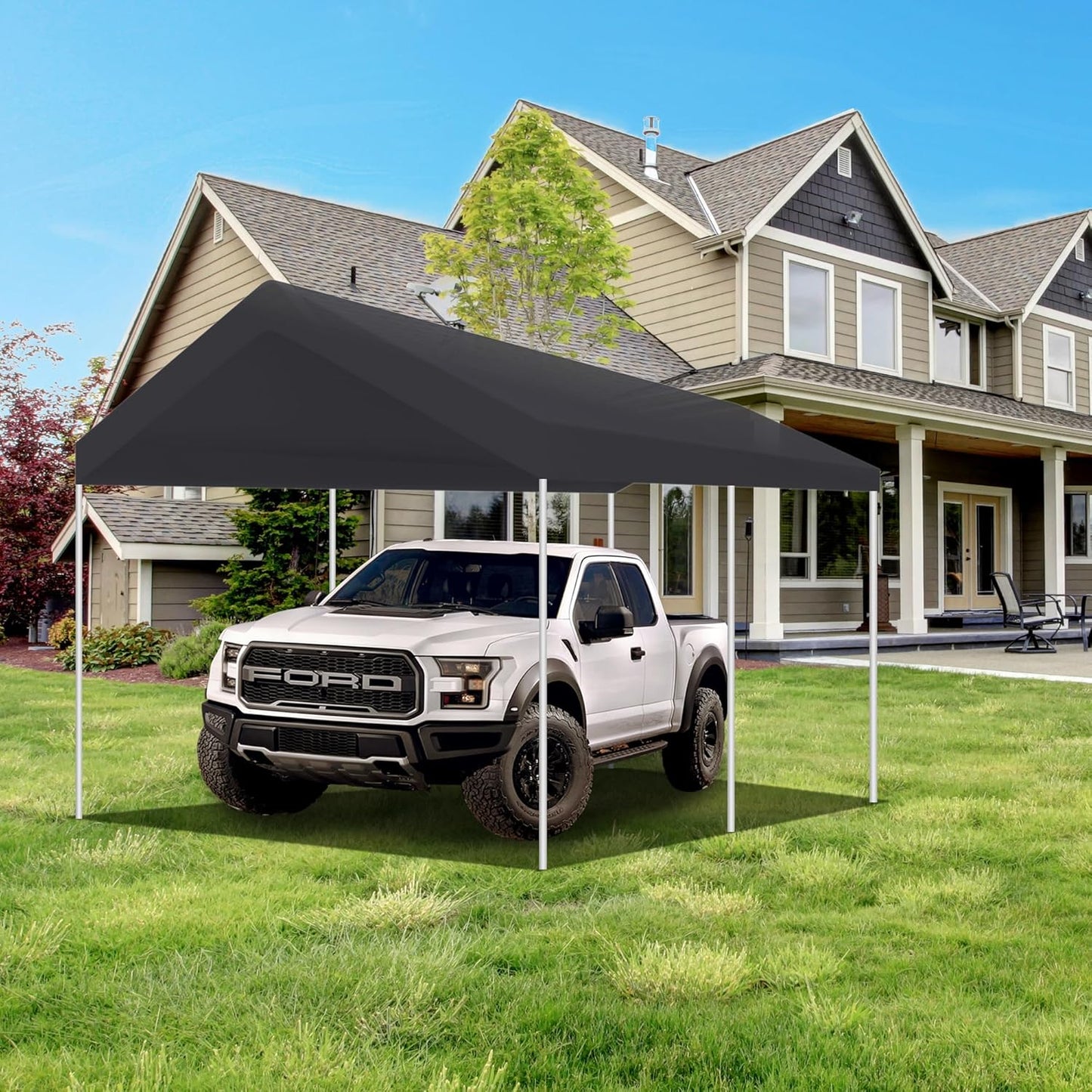 10' x 20' Upgraded Carport Replacement Canopy Cover Grey for Car Garage Shelter Party Tent Top Tarp with Ball Bungees (Only Top Cover, Frame is not Included)