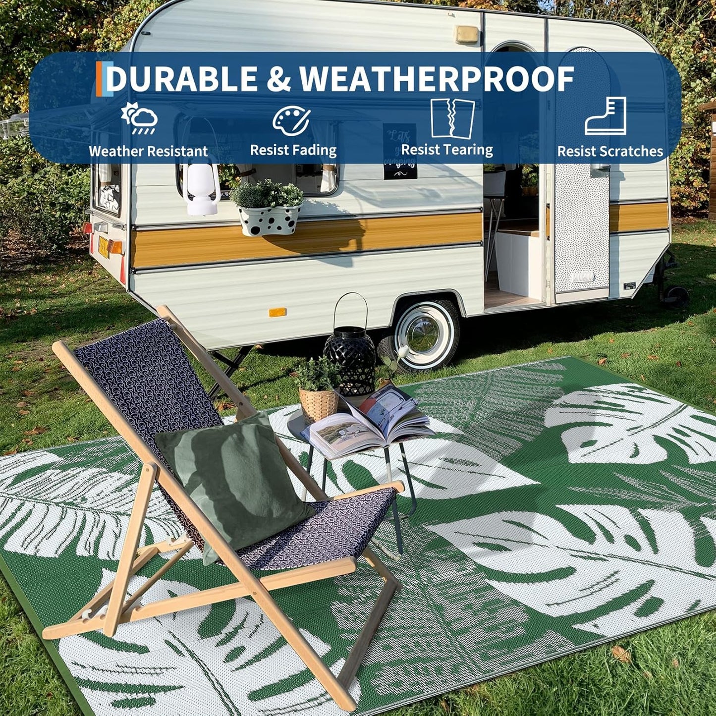 GAOMON Outdoor Rug 8x10 Patio Waterproof Reversible Plastic Straw Rug Modern Foldable Lightweight RV Camping Mat with Portable Bag & 4 Stakes, UV Resistant & Sturdy for Picnic Deck Balcony, Green