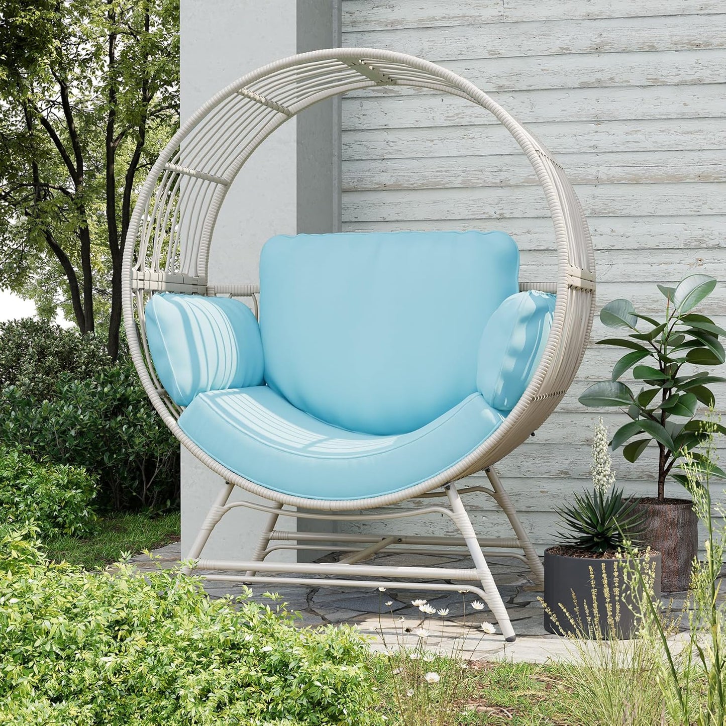 Egg Chair Outdoor Indoor, Oversized Rattan Chair with Thicken Cushion, 350LBS Capacity Wicker Patio Lounge Chair, Basket Chair for Living Room Balcony Porch Backyard, Blue