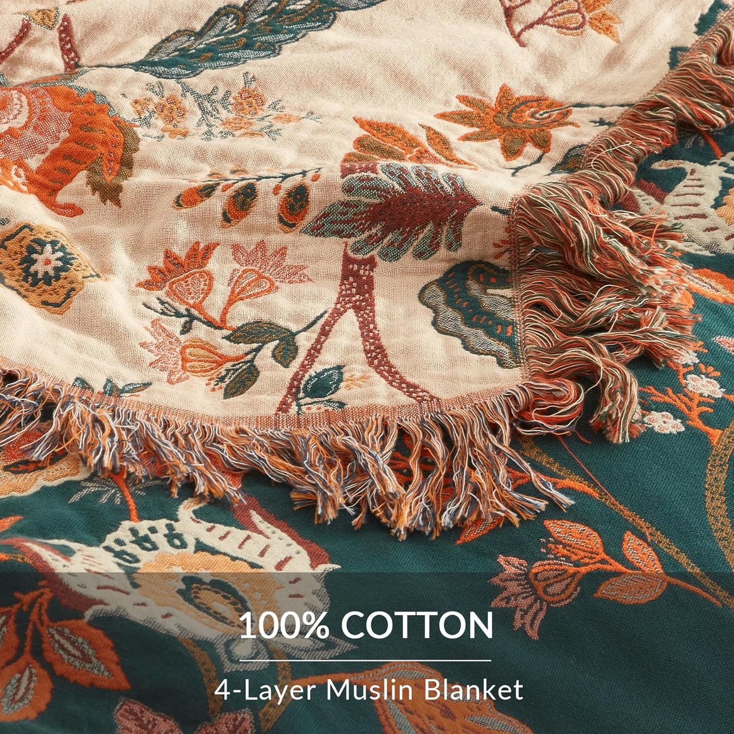 Boho Throw Blanket for Couch Sofa Bed, 100% Cotton Woven Quilt with Tassel 80”x90”, Super Soft Muslin Blanket with Floral Printed, Decorative Reversible Bed Blanket/Cover for All Seasons