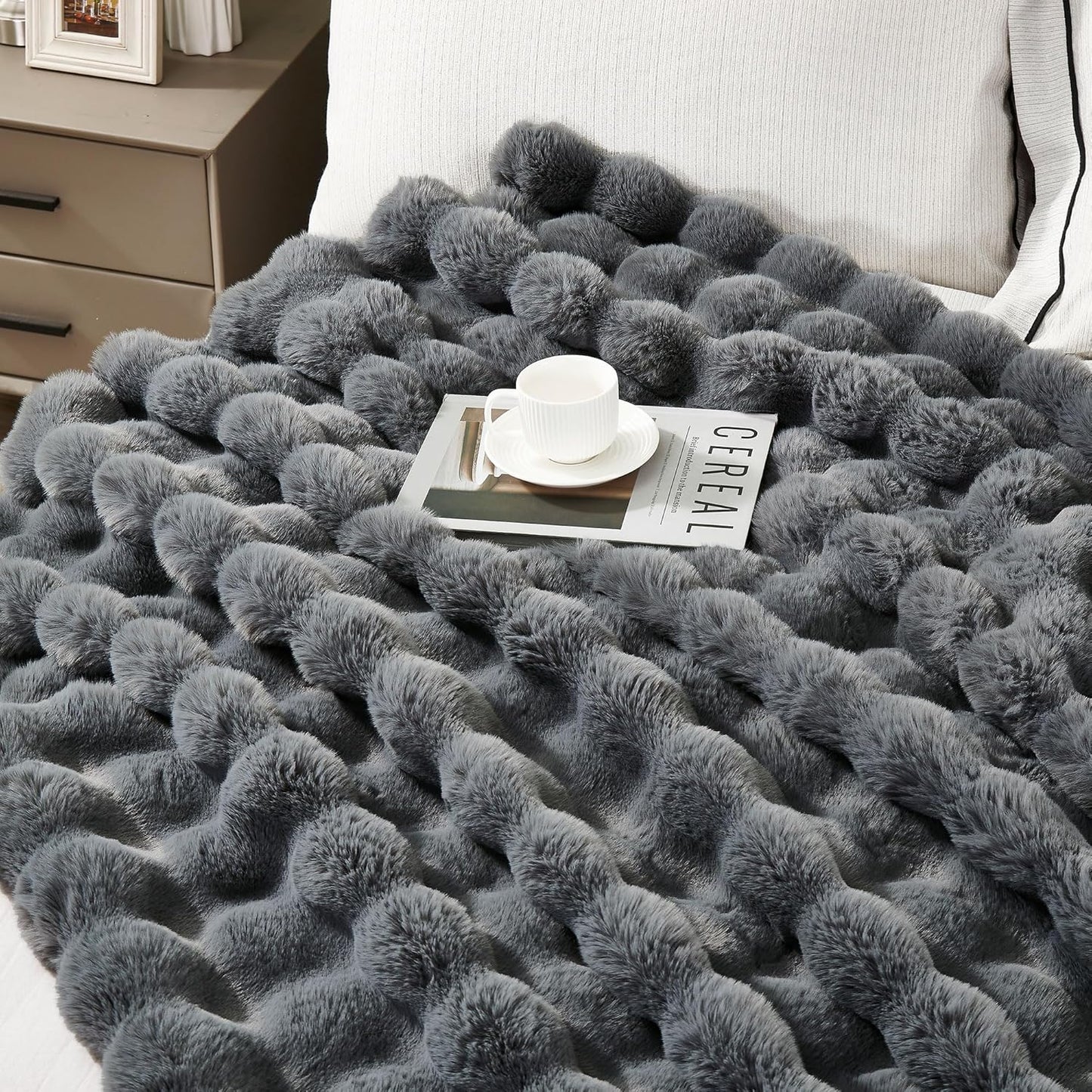 DREAMNINE Oversized Soft Thick Fuzzy Faux Rabbit Fur Throw Blanket Twin Size 60" x 71", Double Sided Comfy Plush Warm Shaggy Fluffy Blankets,Solid Luxury Cozy Cute Furry Blanket for Bed Couch Pet,Grey