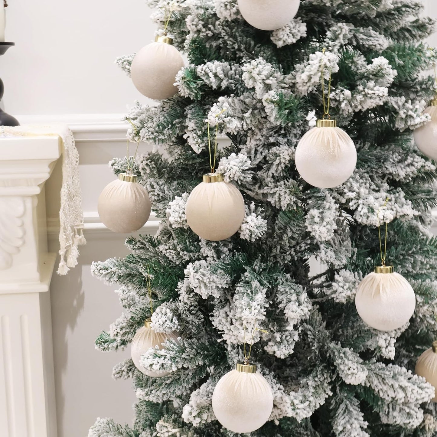 3.15inch Velvet Ornaments for Christmas Tree, 15pcs Flocked Christmas Ornaments Decorations Balls Set Decor Beige