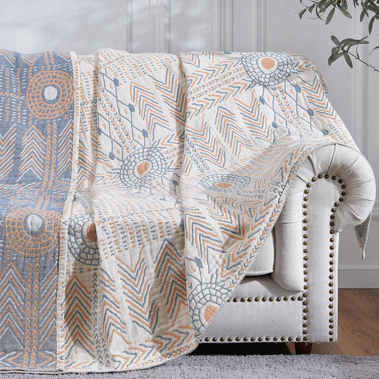 jinchan Boho 100% Cotton Muslin Twin Size 60x80 Throw Blanket Lightweight 4-Layer Orange Reversible Blanket Washable Breathable Geometric Striped Pattern Soft Comfy for Couch Bed Decor All Seasons